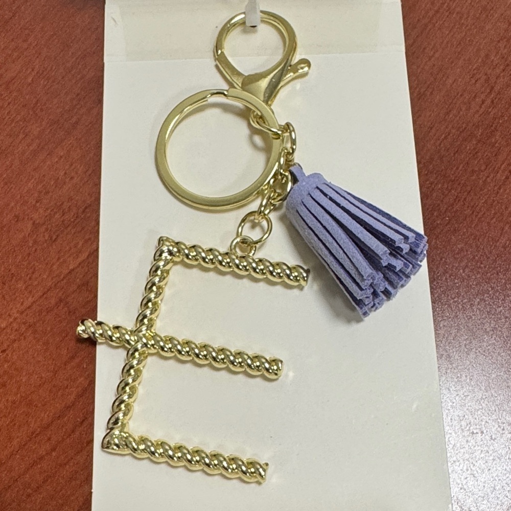 🦜 Letter E Monogram Gold & Purple Bag Charm Keychain w/ Tassel